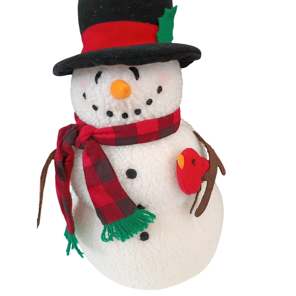 Plush Snowman Holiday Decor 14in Sherpa Buffalo Plaid Scarf Top Hat Red Bird